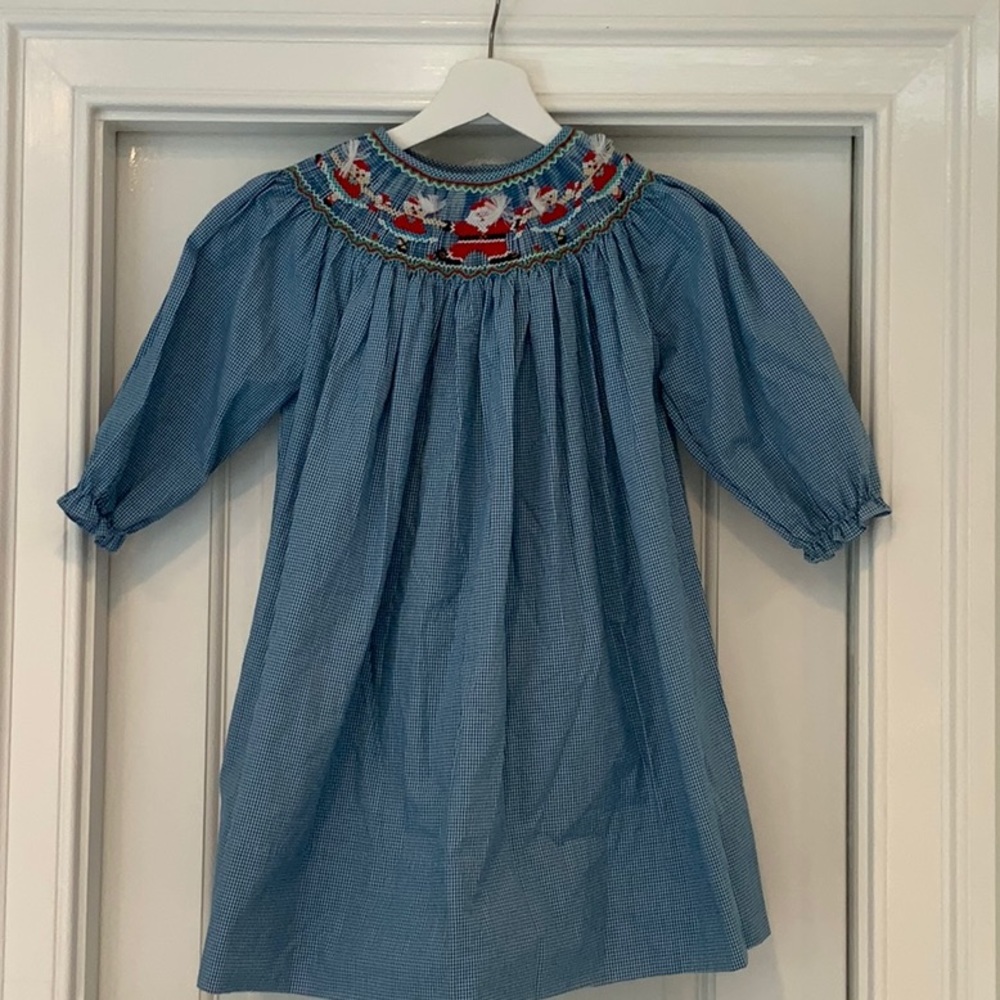 Blue Smocked Cotton Kids Dress with Red Accent
